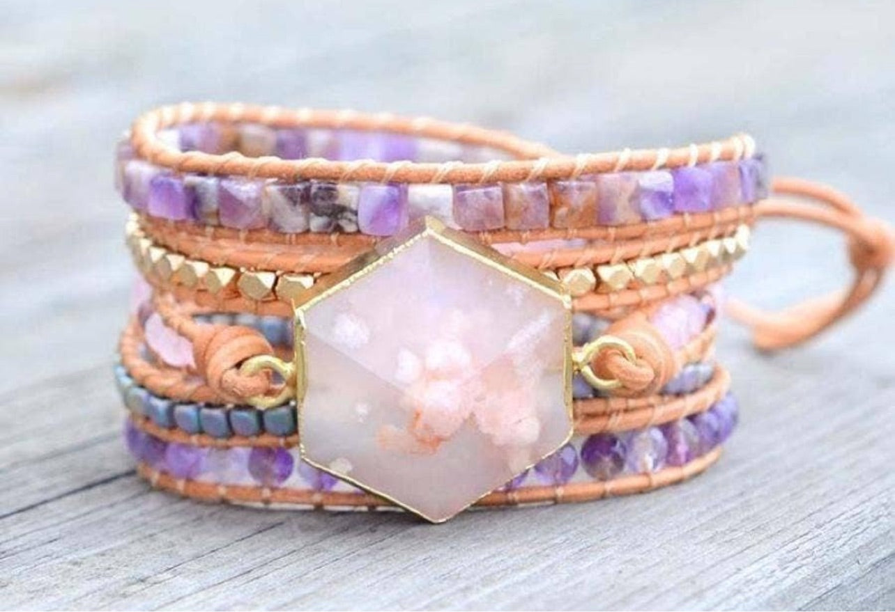 Cherry Blossom Agate & Amethyst Wrap Bracelet