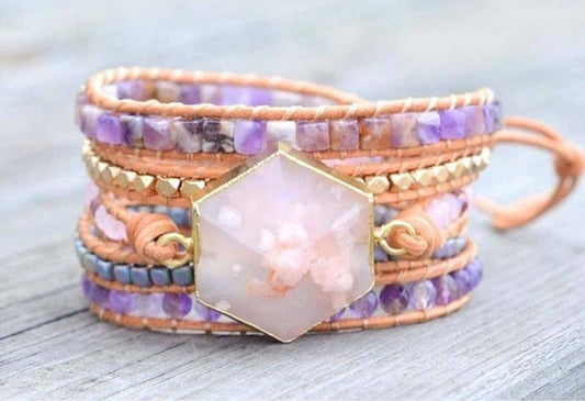 Cherry Blossom Agate & Amethyst Wrap Bracelet
