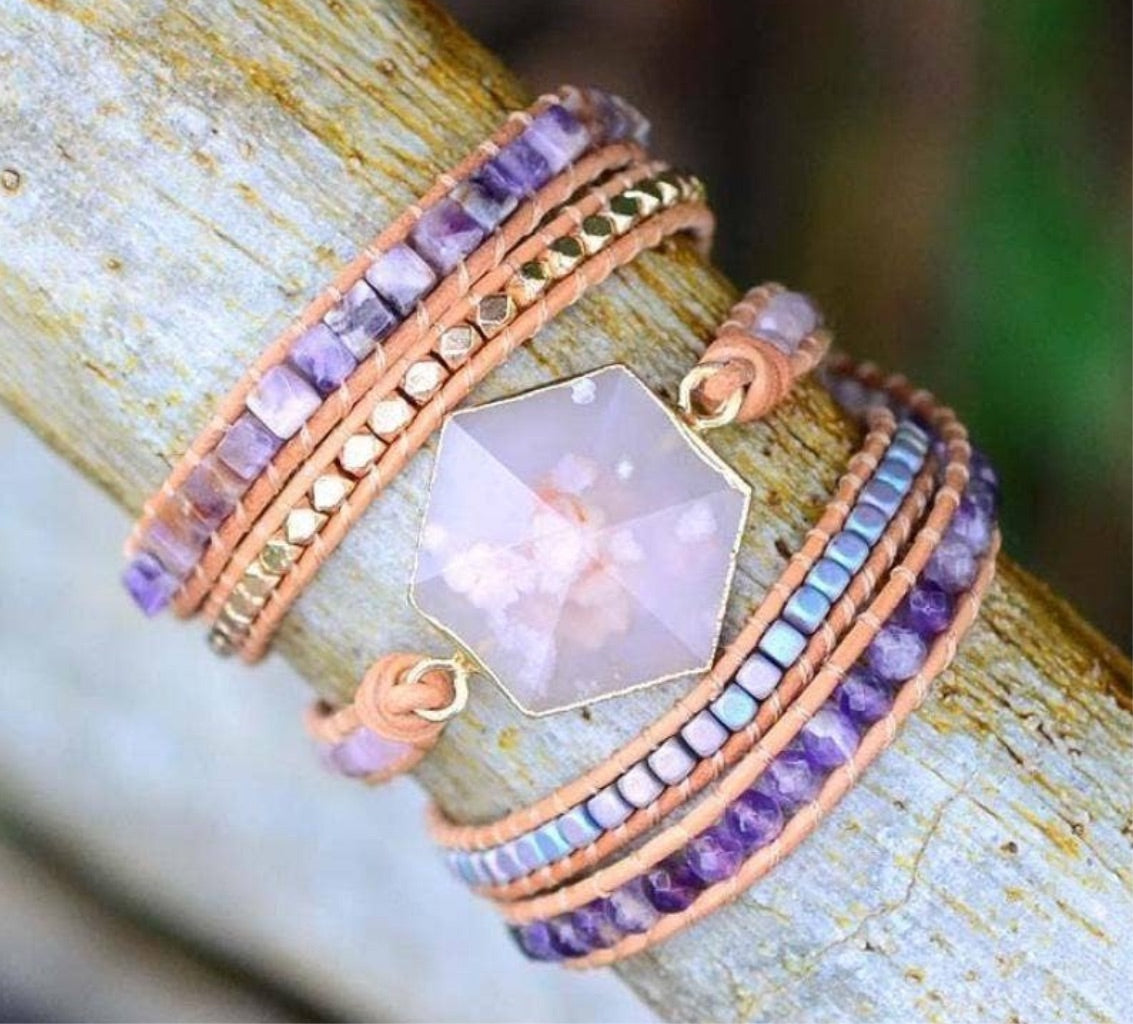 Cherry Blossom Agate & Amethyst Wrap Bracelet