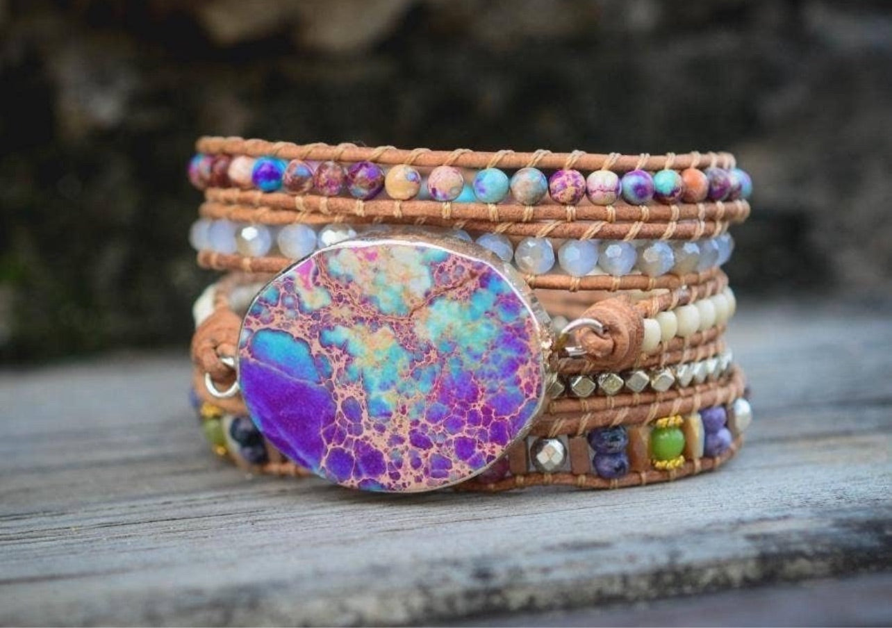 Purple & Turquoise Jasper Leather Wrap Bracelet (5 Layer)