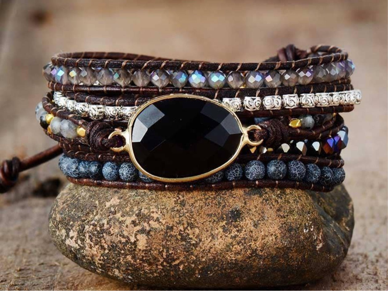 Black Onyx Beaded Wrap Bracelet