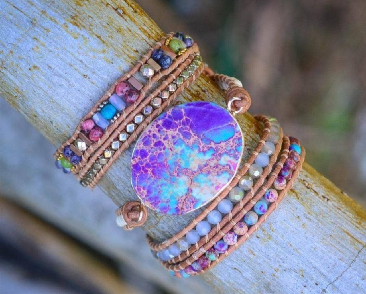 Purple & Turquoise Jasper Leather Wrap Bracelet (5 Layer)