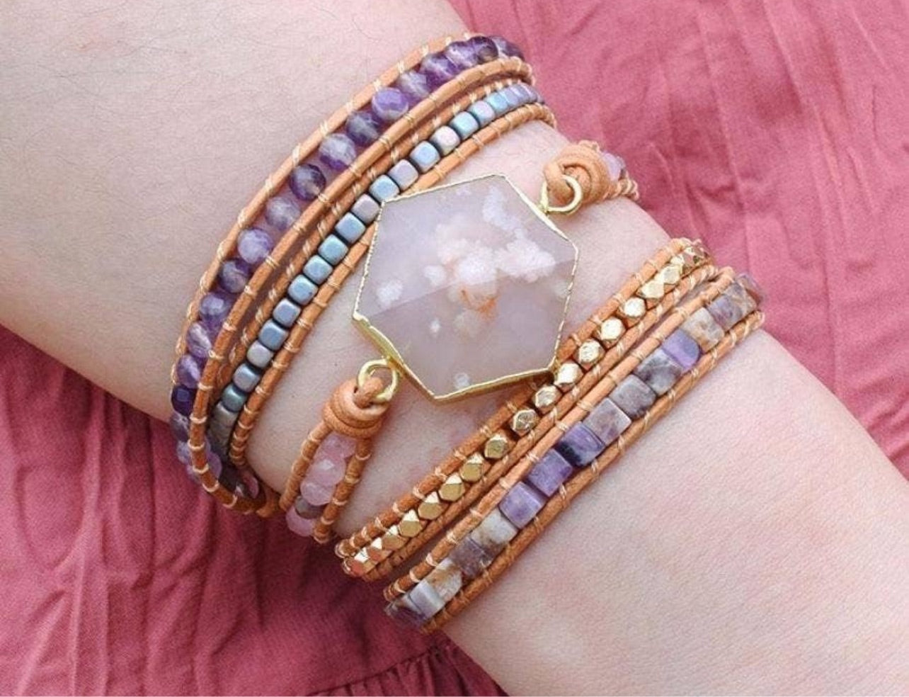 Cherry Blossom Agate & Amethyst Wrap Bracelet