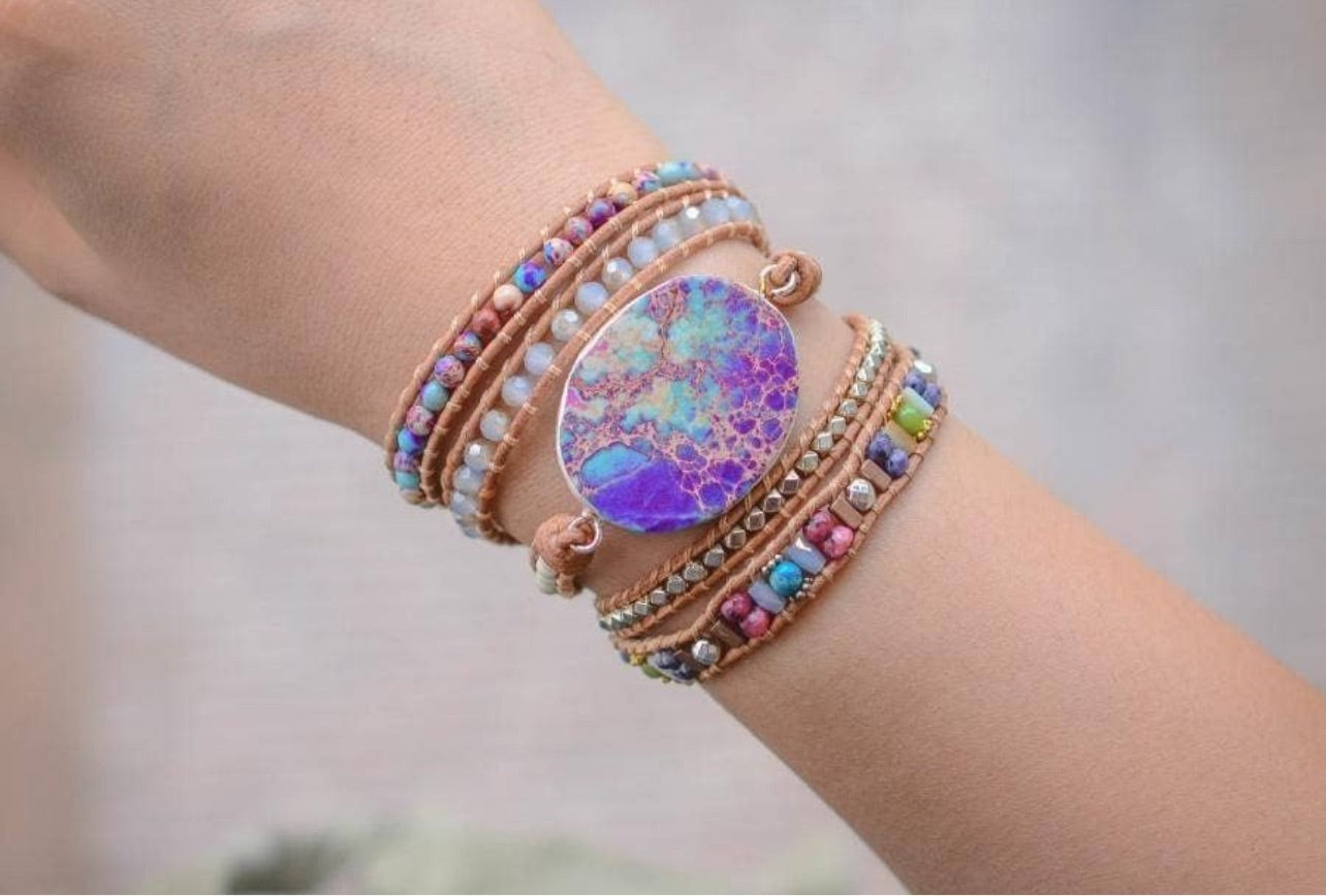 Purple & Turquoise Jasper Leather Wrap Bracelet (5 Layer)