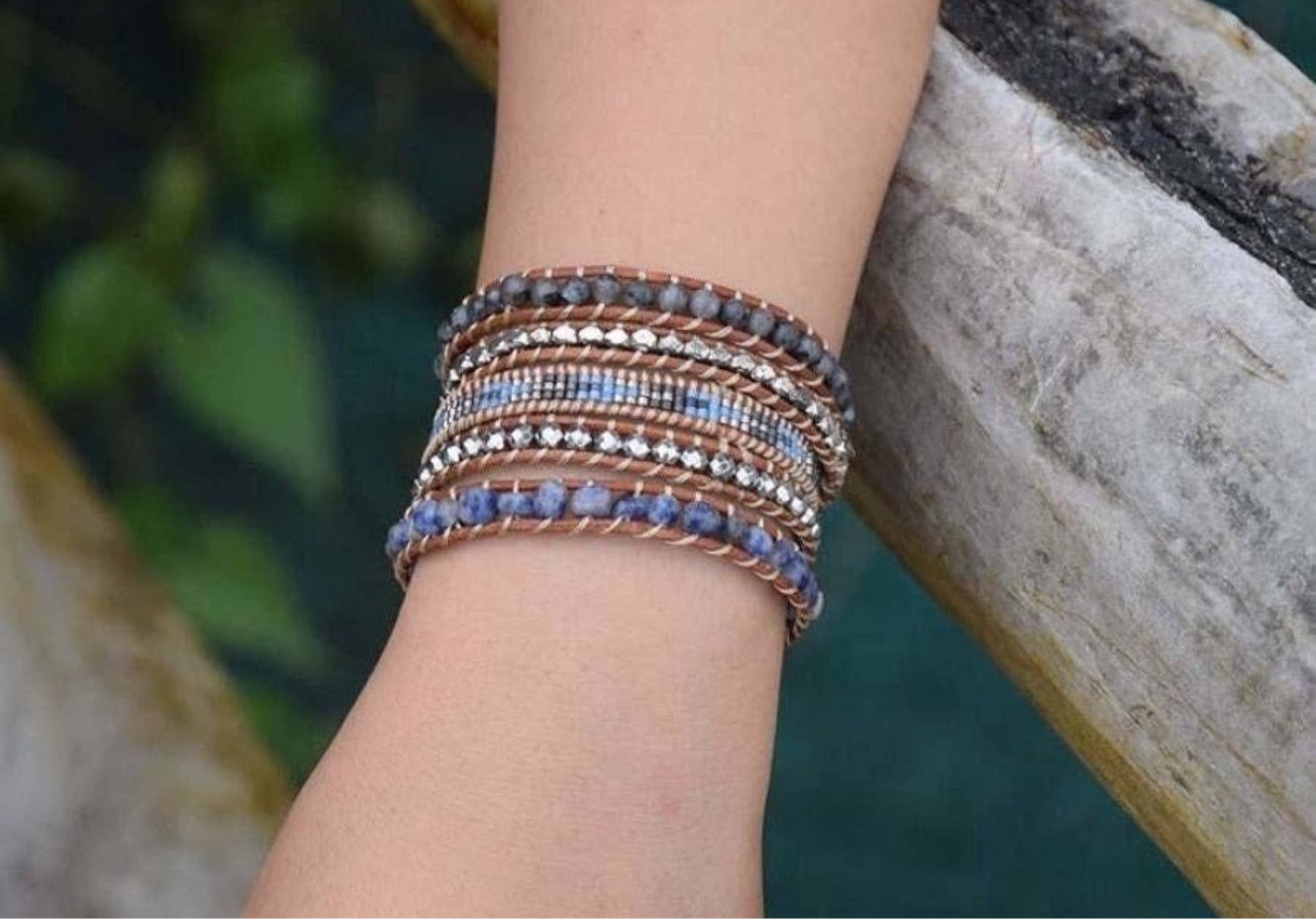 Sodalite & Labradorite Leather Wrap Bracelet (5 Layer)