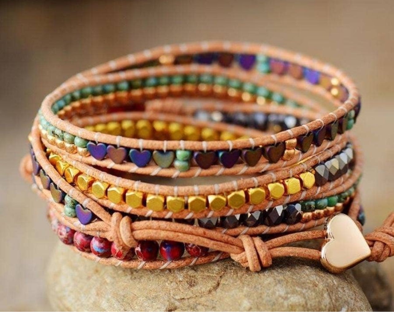 Jasper Heart Leather Wrap Bracelet (5 Layer)