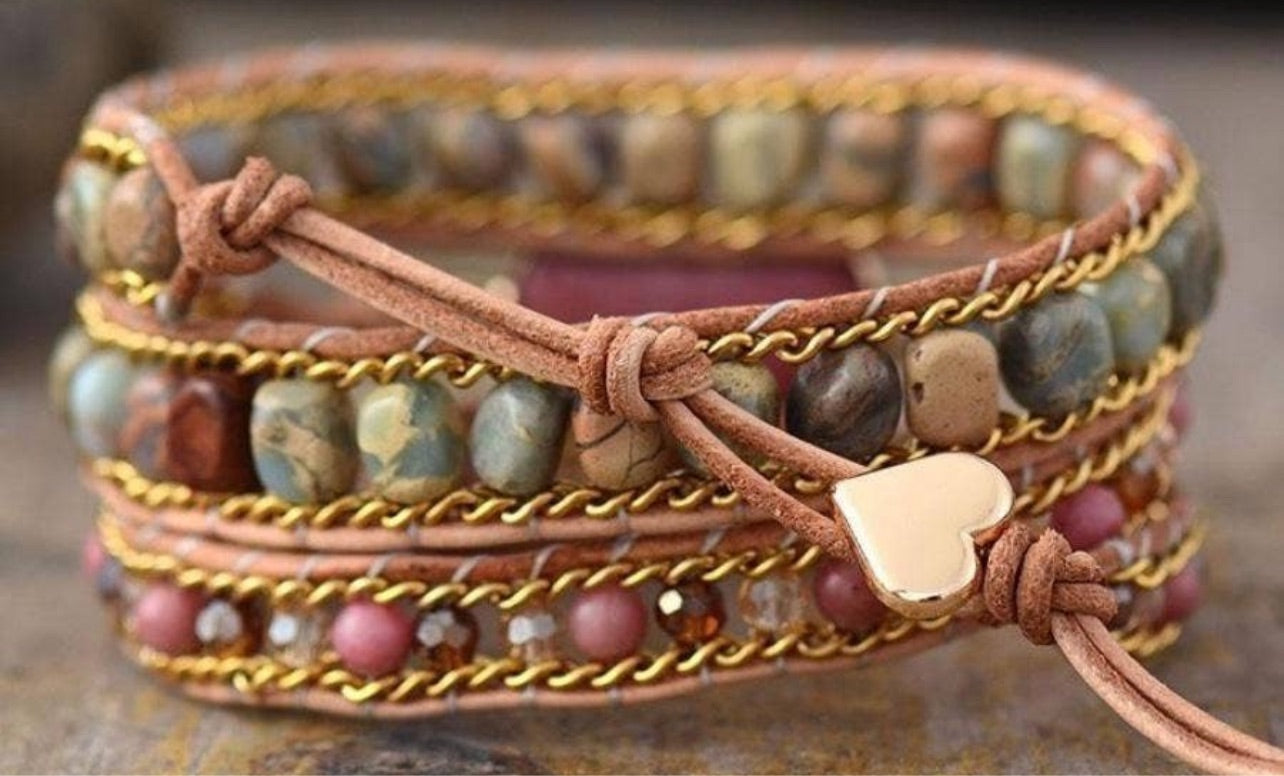 Rhodonite & Jasper Heart Wrap Bracelet