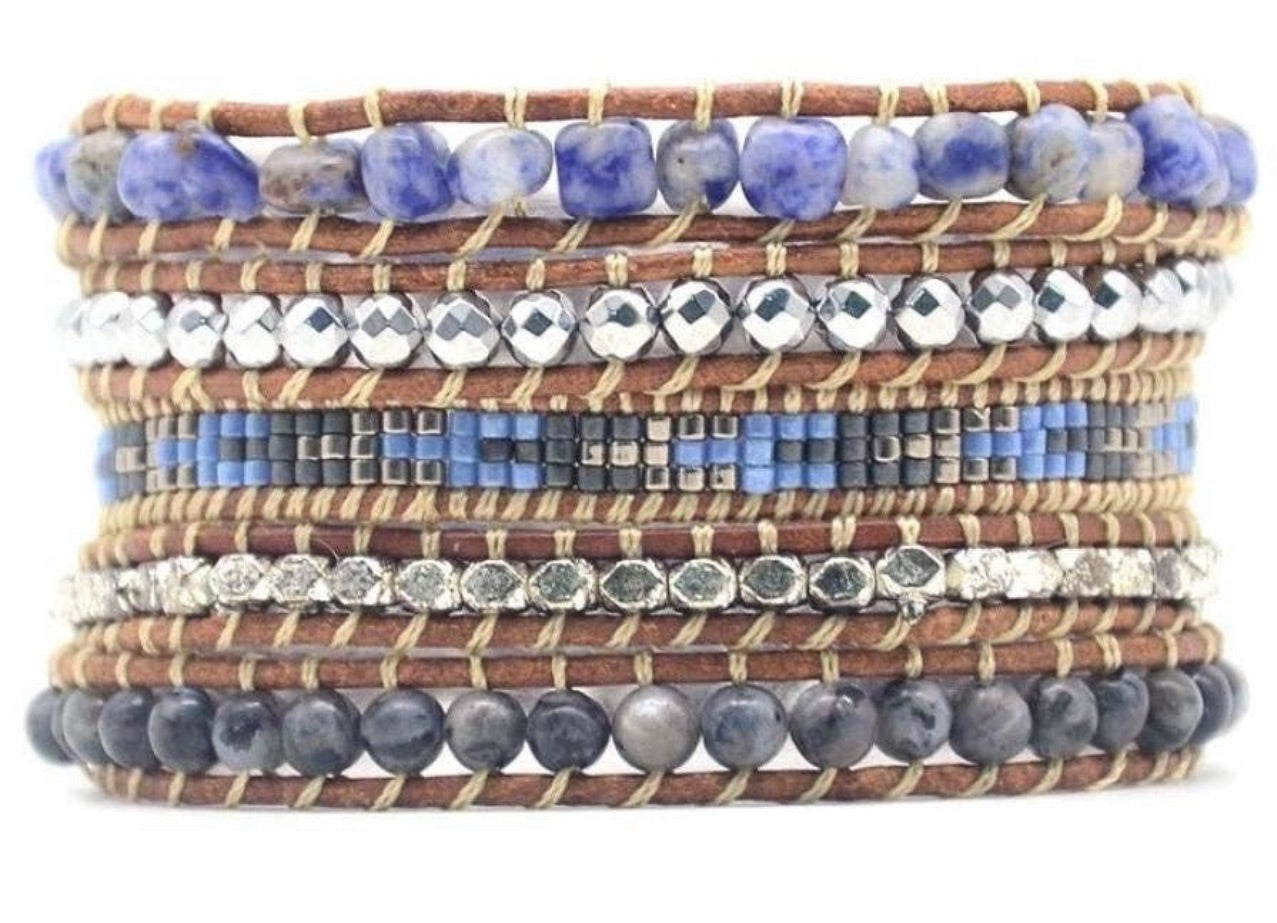 Sodalite & Labradorite Leather Wrap Bracelet (5 Layer)