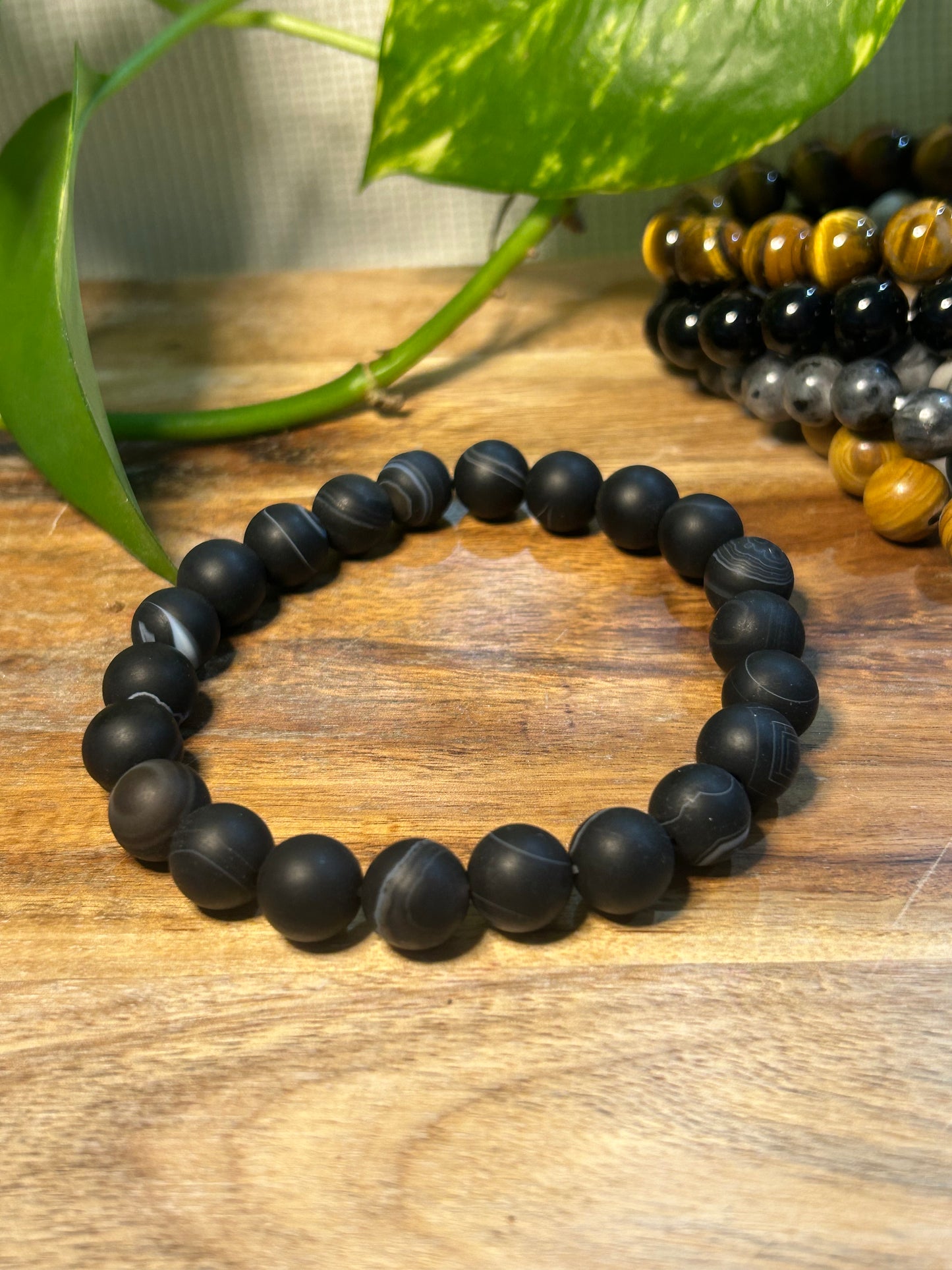 Black Stripe Agate Stretch Bead Bracelet - Large Size