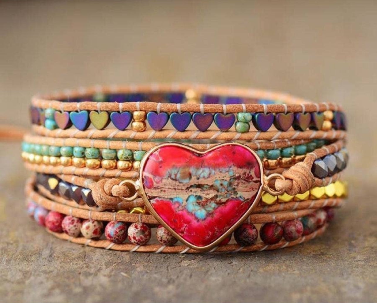 Jasper Heart Leather Wrap Bracelet (5 Layer)