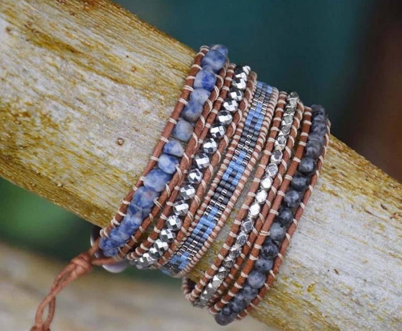 Sodalite & Labradorite Leather Wrap Bracelet (5 Layer)