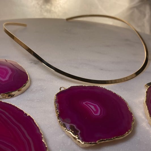 Pink Agate Gold Bath Pendant with Gold Choker